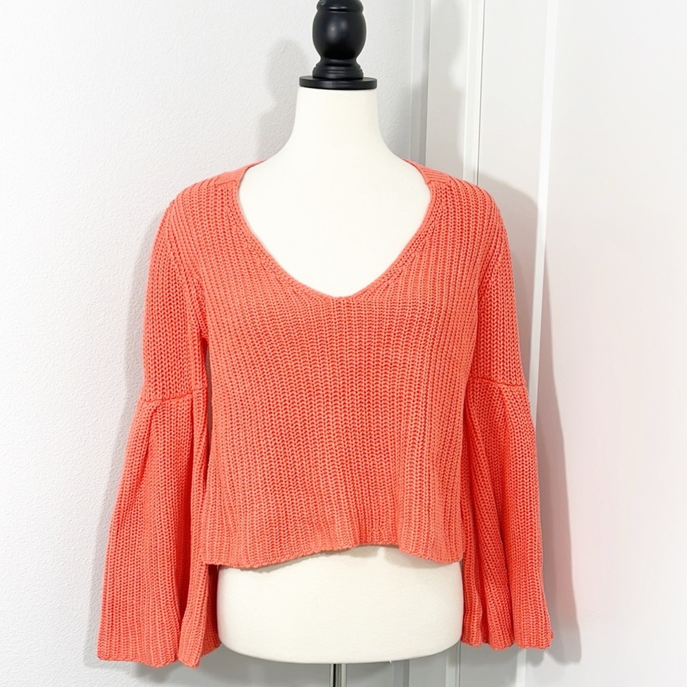 Free People XS Orange Damsel Cropped Bell Sleeve V-Neck Sweater